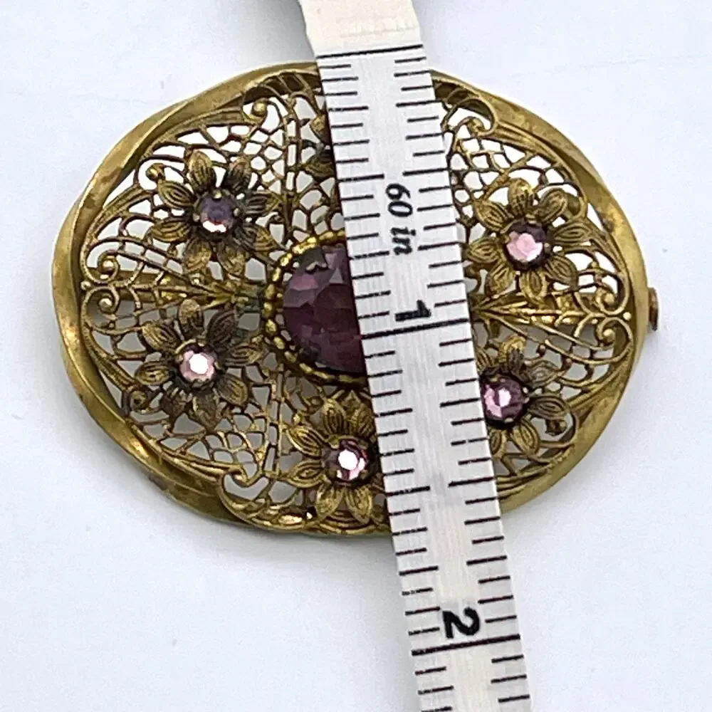 Antique Brass Filigree Brooch with Amethyst-Colored Stones | Trombone Clasp Pin